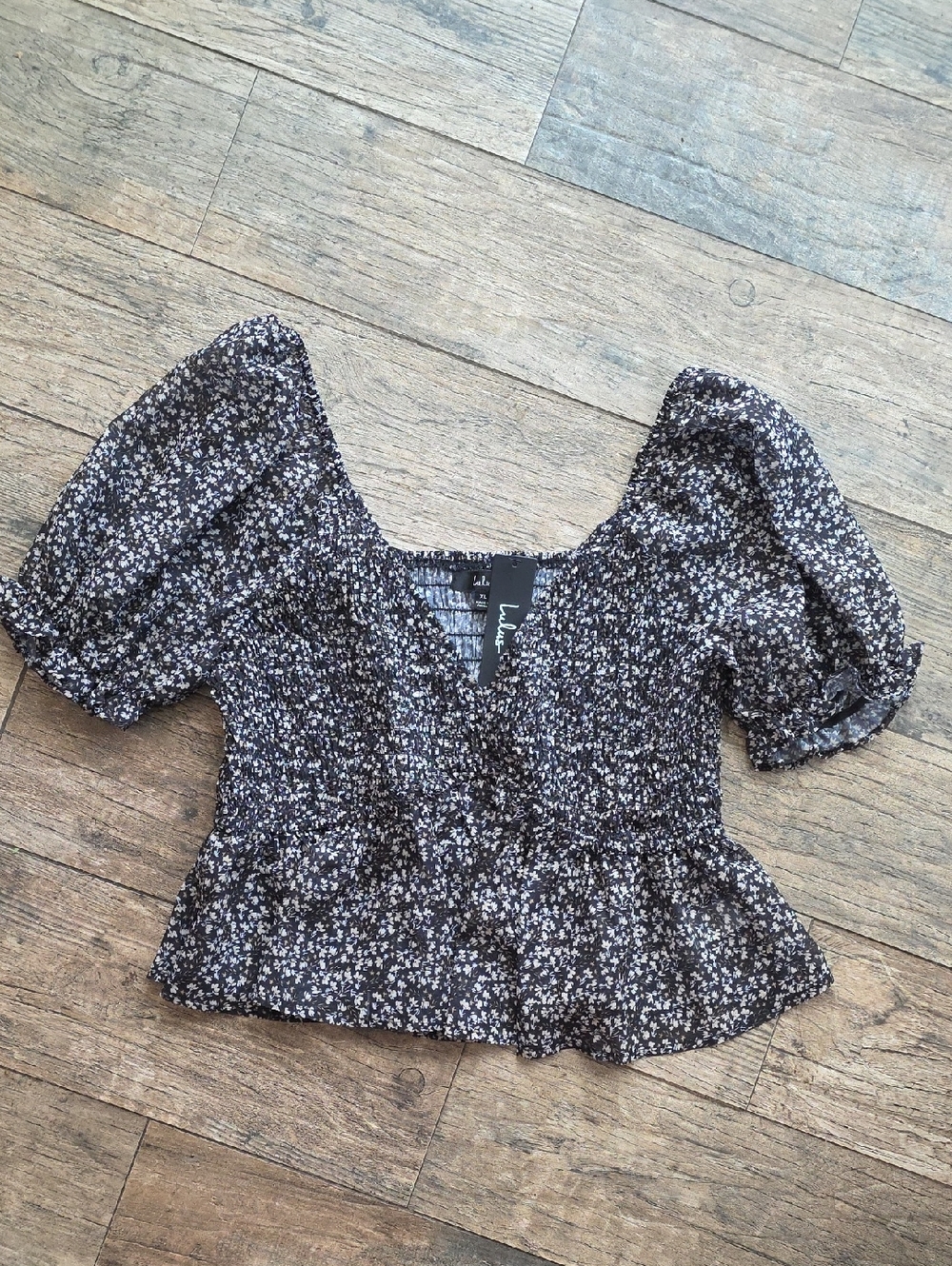 Lulu's Black Floral Smocked Peplum Blouse